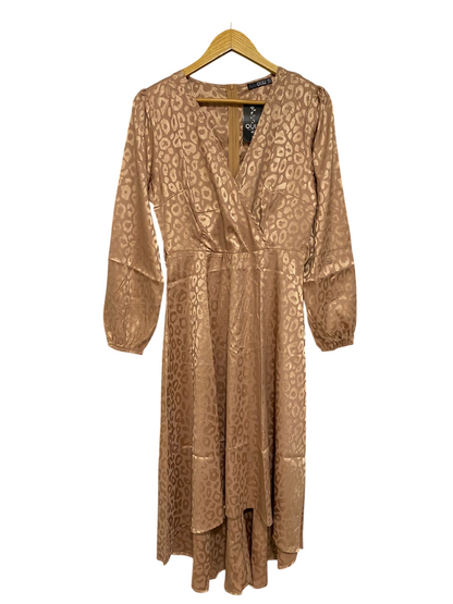 QUIZ |M| BUST 17| A29| GOLDEN-BROWN JACQUARD LEOPARD PRINT WRAP-FRONT HI-LOW MIDI DRESS
