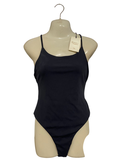 KAYLES RENEE |M| BUST 15| A29| BLACK RIBBED SPAGHETTI STRAP ONE-PIECE SWIMSUIT / BODYSUIT