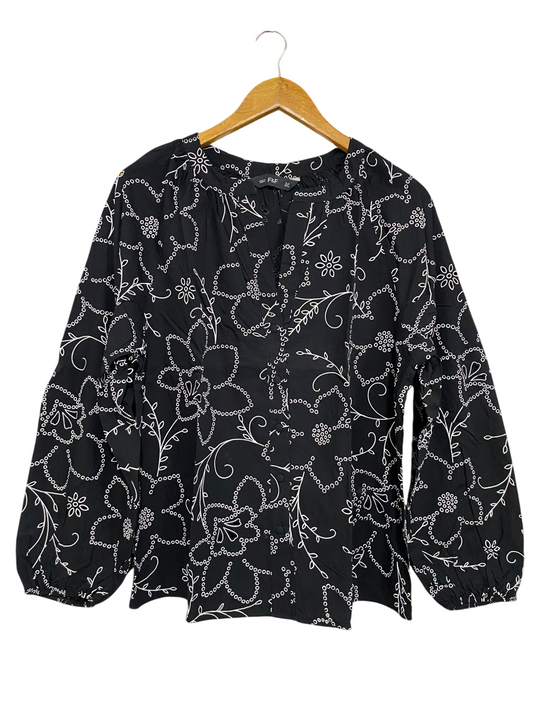 F&F |M| BUST 20| A29| BLACK & WHITE FLORAL EMBROIDERED LONG-SLEEVE BLOUSE