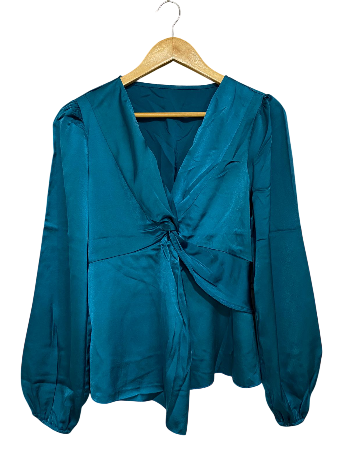 SHEIN |M| BUST 16| A29| TEAL SATIN KNOT-FRONT LONG-SLEEVE BLOUSE
