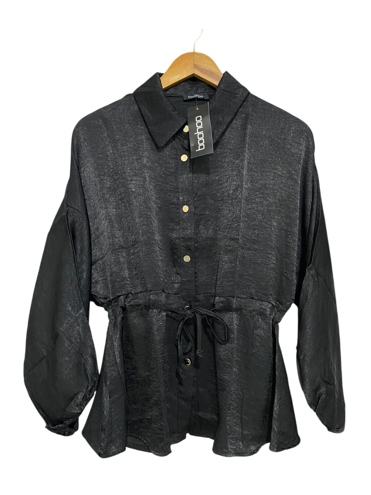 BOOHOO |M| BUST FREE| A29| BLACK SHIMMER DRAWSTRING WAIST BUTTON-UP SHIRT
