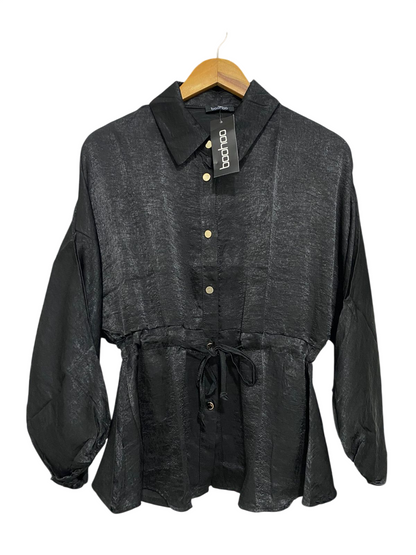 BOOHOO |M| BUST FREE| A29| BLACK SHIMMER DRAWSTRING WAIST BUTTON-UP SHIRT