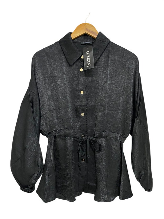 BOOHOO |M| BUST FREE| A29| BLACK SHIMMER DRAWSTRING WAIST BUTTON-UP SHIRT