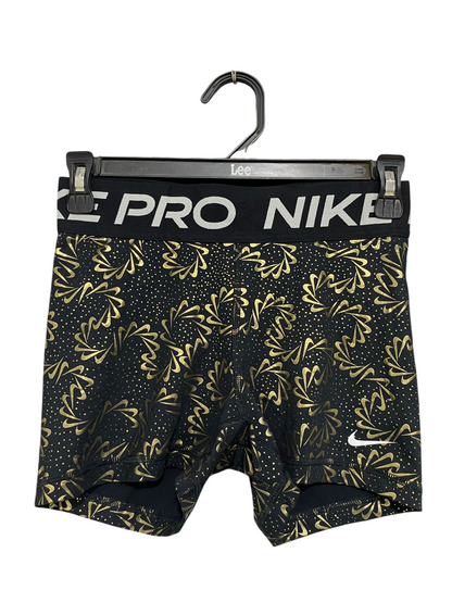 NIKE PRO |S| WAIST 24| A29| BLACK & METALLIC GOLD SWOOSH-SWIRL ATHLETIC BIKER SHORTS