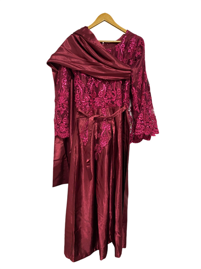 |M| BUST 18| A29| MAROON EMBROIDERED LACE ACCENTED LONG-SLEEVE MAXI DRESS WITH DRAPED SCARF