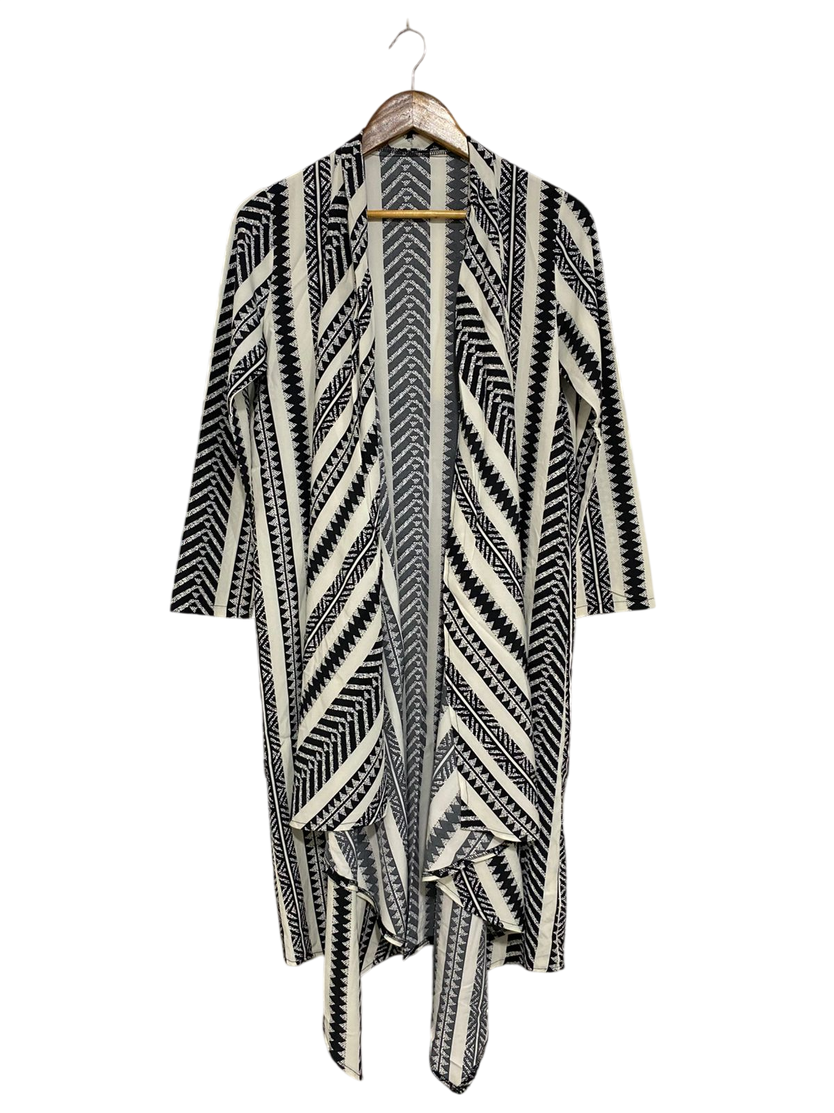 SHEIN |S| BUST 19| A29| BLACK & WHITE AZTEC GEOMETRIC PRINT OPEN-FRONT LONG CARDIGAN