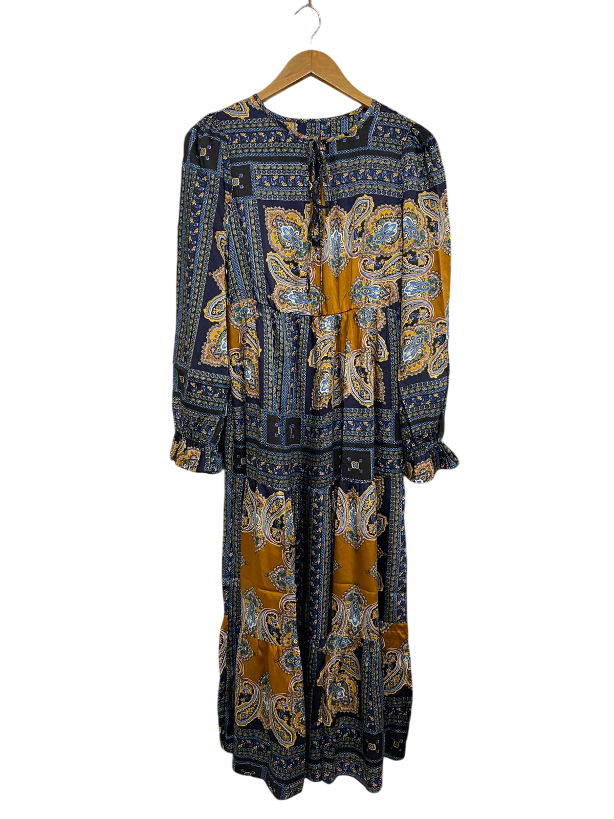 |M| BUST 17| A29| NAVY & MUSTARD PAISLEY SCARF-PRINT TIERED LONG-SLEEVE MAXI DRESS