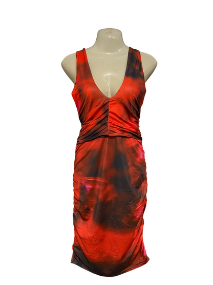REBELLIOUS |S| BUST 15| A29| RED & BLACK SMOKED ABSTRACT TIE-DYE V-NECK BODYCON MIDI DRESS