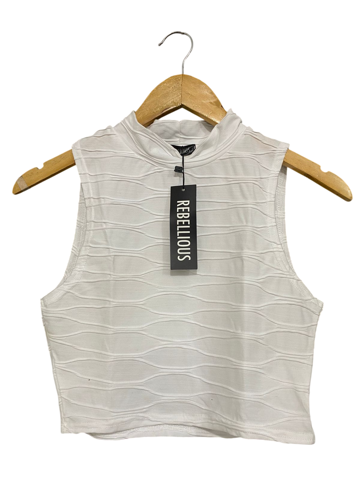 REBELLIOUS |S| BUST 15| A29| WHITE TEXTURED MOCK NECK SLEEVELESS CROP TOP