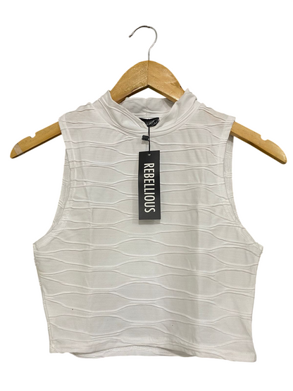 REBELLIOUS |S| BUST 15| A29| WHITE TEXTURED MOCK NECK SLEEVELESS CROP TOP