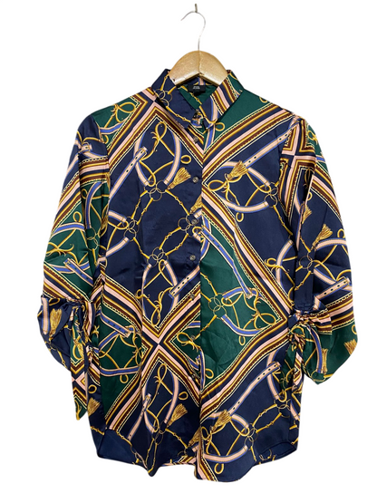 RIVER ISLAND |S| BUST 19| A29| NAVY & GREEN BAROQUE SCARF-PRINT LONG-SLEEVE SHIRT