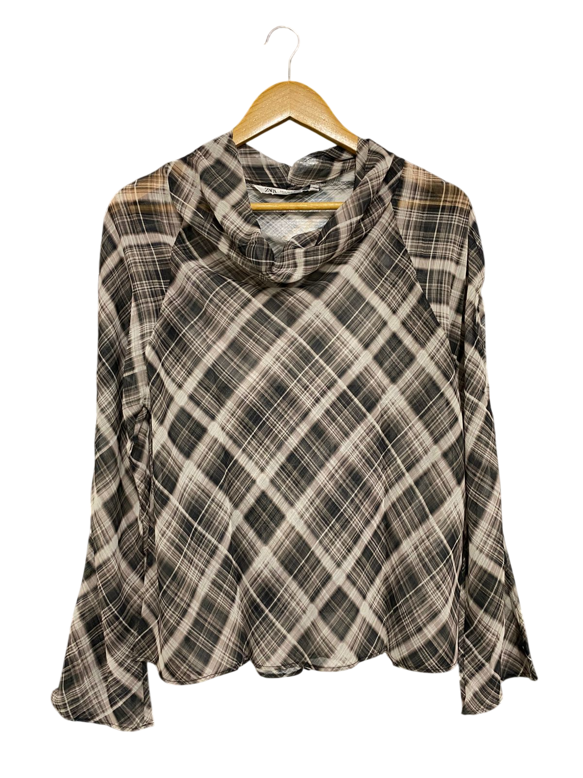 ZARA |M| BUST 20| A29| BROWN & BLACK PLAID SHEER COWL-NECK LONG-SLEEVE TOP