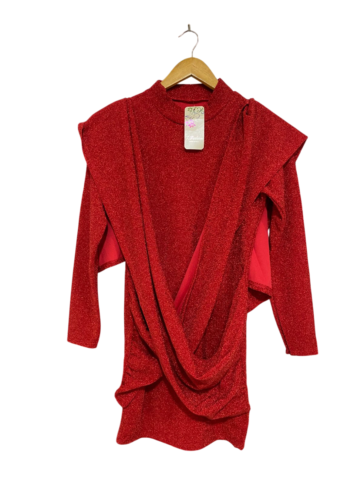 F FASHION |S| BUST 15| A30| SPARKLY RED DRAPED COCKTAIL MINI DRESS WITH MOCK NECK