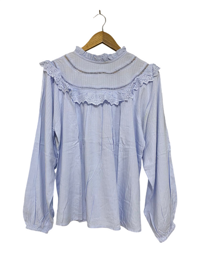 PAPAYA |M| BUST 21| A30| LIGHT BLUE RUSTIC DOBBY & EYELET LACE-TRIM LONG-SLEEVE BLOUSE