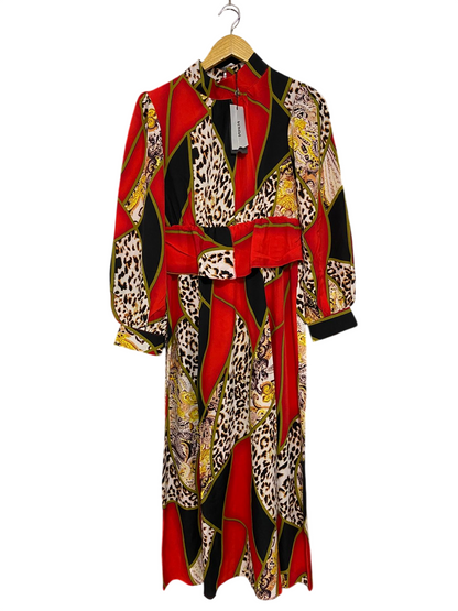 VONDA |M| BUST 16| A30| RED & BLACK STATEMENT GEOMETRIC & LEOPARD PRINT LONG-SLEEVE DRESS