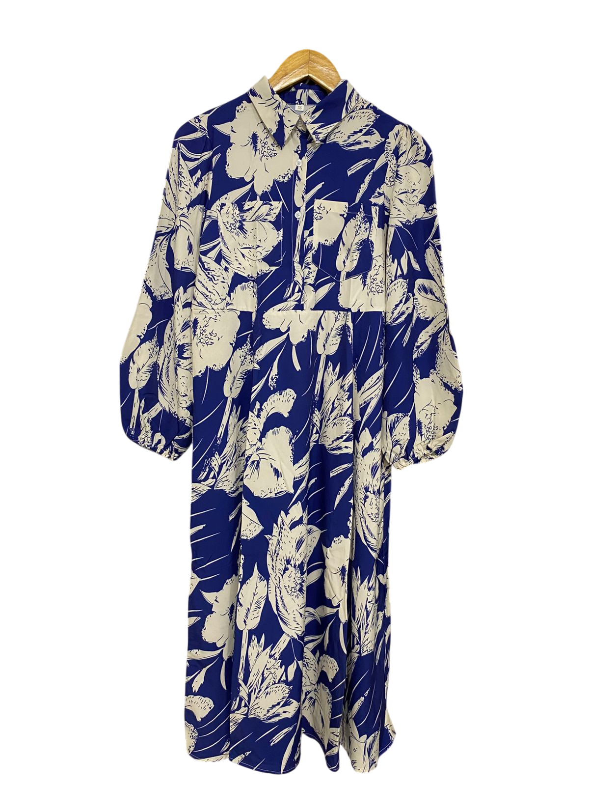 SHEIN |XS| BUST 17| A30| BLUE & WHITE LARGE FLORAL PRINT SHIRT-STYLE LONG-SLEEVE MIDI DRESS