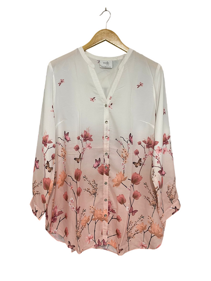 WALLIS |M| BUST 21| A30| WHITE & BLUSH OMBRE FLORAL & BUTTERFLY BUTTON-DOWN TUNIC