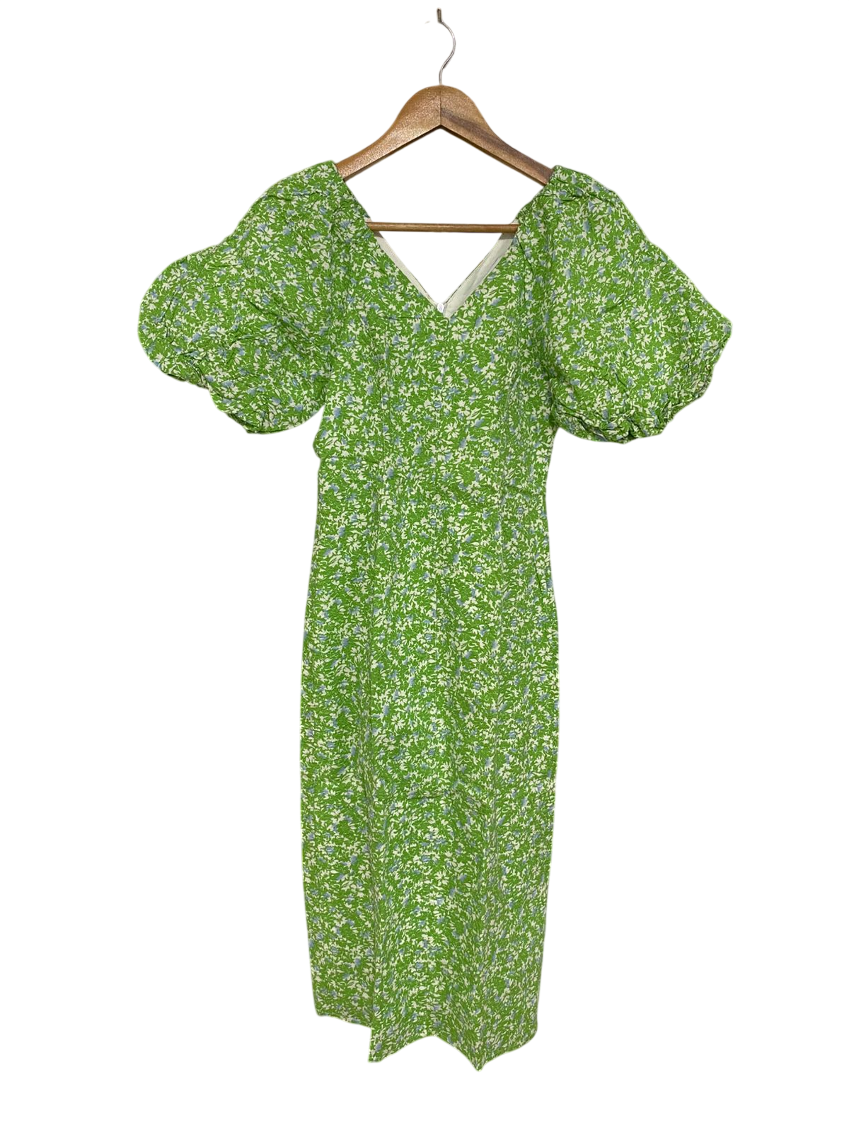 URBAN REVIVO |XS| BUST 14| A30| GREEN & WHITE MICRO-FLORAL PRINT PUFF-SLEEVE V-NECK MIDI DRESS