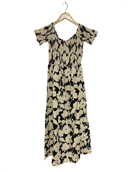 H&M |S| BUST 12| A30| BLACK & BEIGE LARGE FLORAL PRINT SMOCKED SHORT-SLEEVE MIDI DRESS