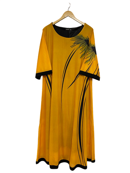 SHEIN CURVE |XL| BUST 22| A30| YELLOW & BLACK ABSTRACT FLORAL ART-PRINT SHORT-SLEEVE MIDI DRESS