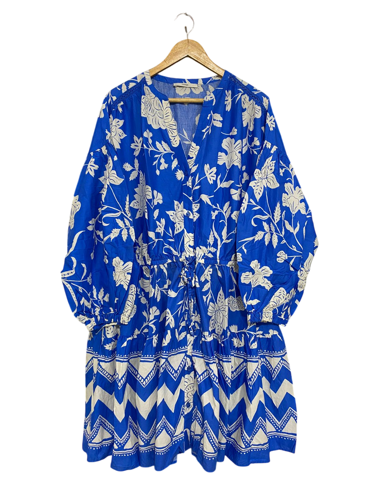 GEORGE |L| BUST FREE| A30| BLUE & WHITE FLORAL & GEOMETRIC BORDER PRINT LONG-SLEEVE TIE-WAIST DRESS