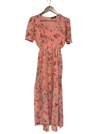 BLACK BERRY |S/M| BUST 15| A30| PEACH & MULTI FLORAL PRINT SHORT-SLEEVE TIERED MAXI DRESS