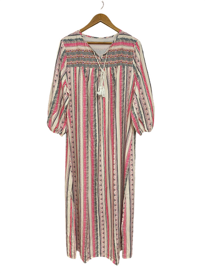 EMERY ROSE |XL| BUST 22| A30| CREAM & PINK ETHNIC STRIPE TIE-NECK LONG-SLEEVE MAXI DRESS
