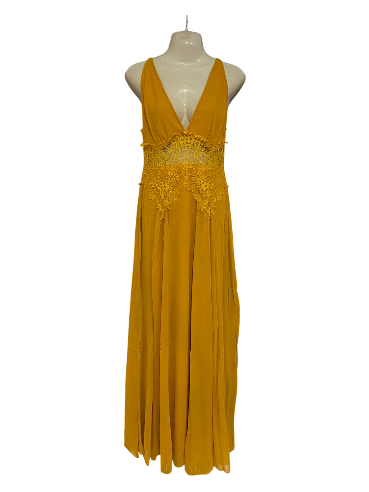 ASOS |S| BUST 15| A30| MUSTARD YELLOW V-NECK LACE-TRIM SLEEVELESS MAXI DRESS