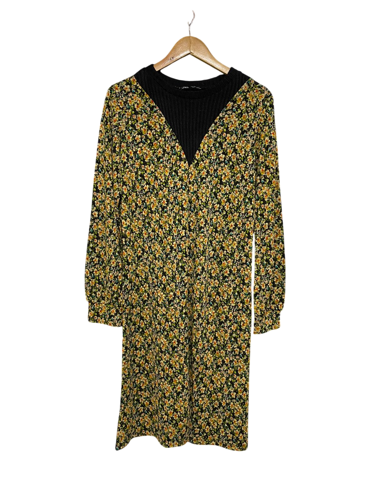ZARA |S| BUST 17| A30| BLACK & YELLOW FLORAL PRINT LAYERED-LOOK LONG-SLEEVE MIDI DRESS