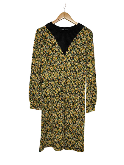 ZARA |S| BUST 17| A30| BLACK & YELLOW FLORAL PRINT LAYERED-LOOK LONG-SLEEVE MIDI DRESS