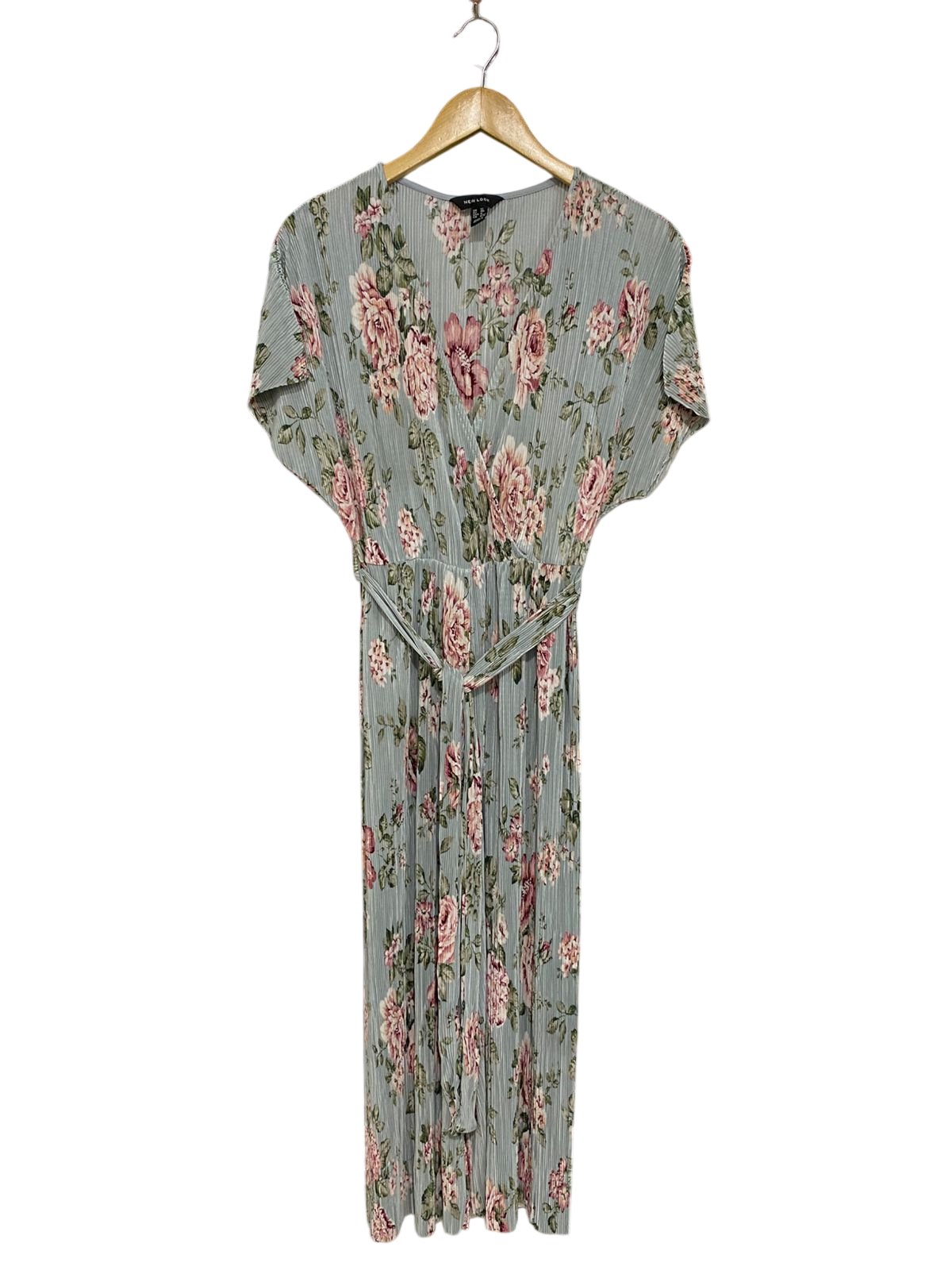 NEW LOOK |M| BUST FREE| A30| SAGE GREEN & PINK FLORAL PLEATED V-NECK MAXI DRESS