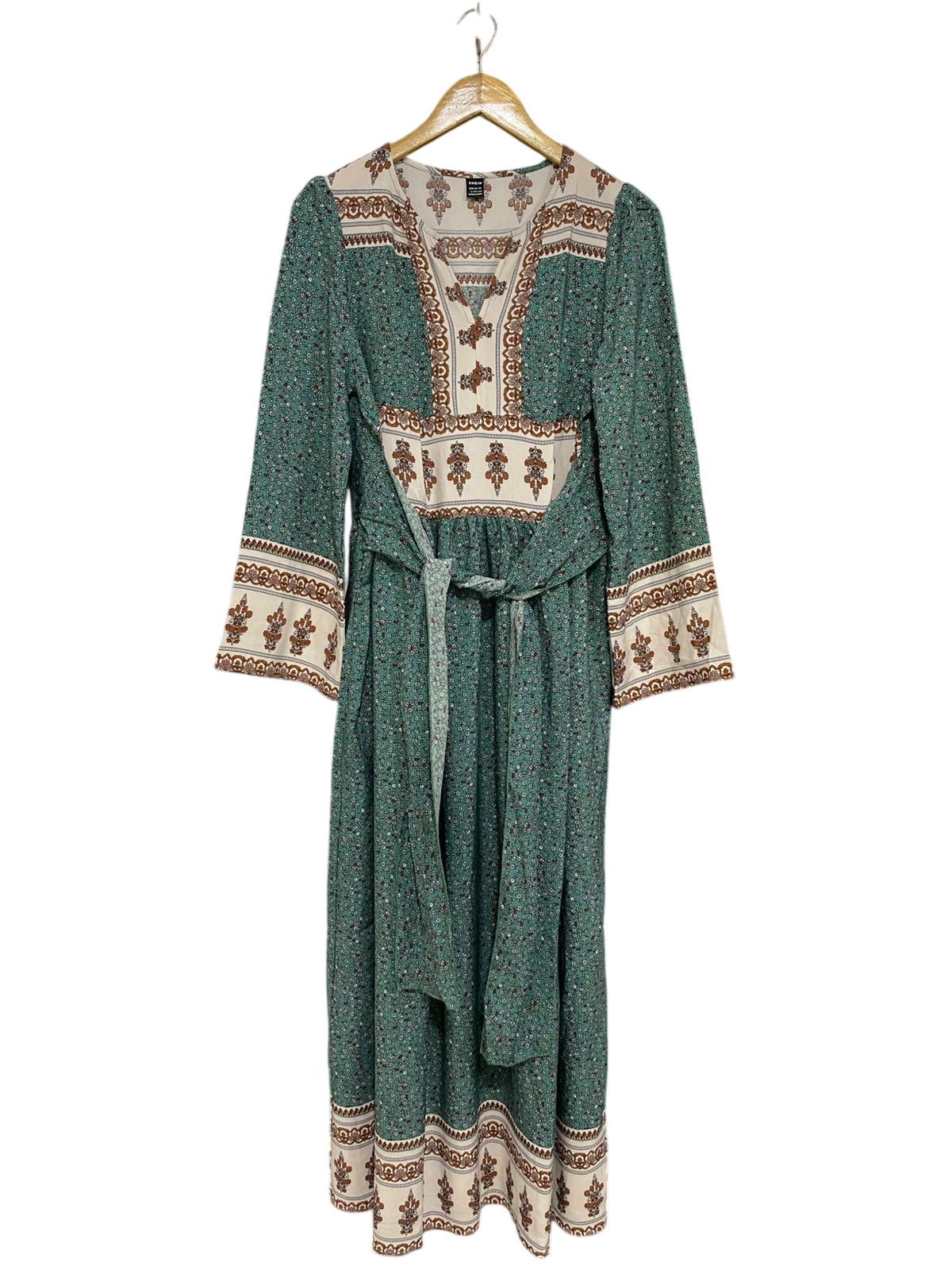 SHEIN |L| BUST 19| A30| GREEN & CREAM BOHEMIAN PRINT LONG-SLEEVE TIE-WAIST MAXI DRESS