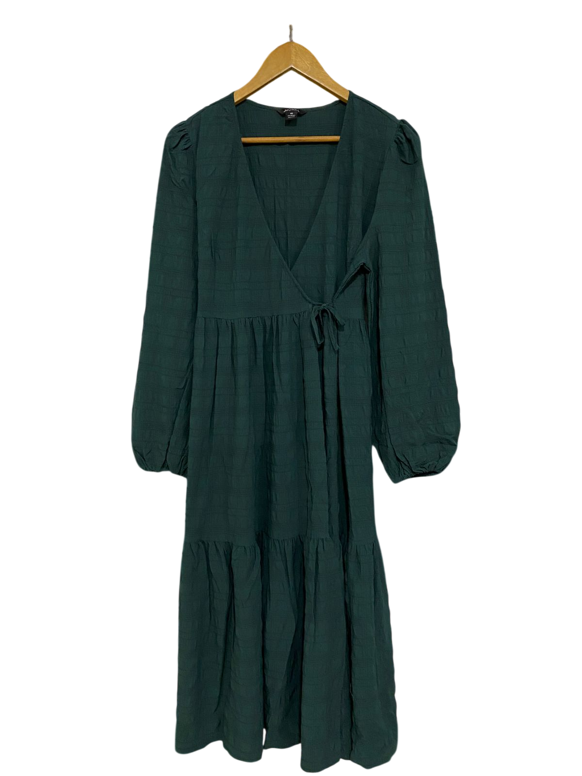 MONKL |M| BUST 17| A30| DARK GREEN TEXTURED WRAP-STYLE LONG-SLEEVE TIERED MIDI DRESS