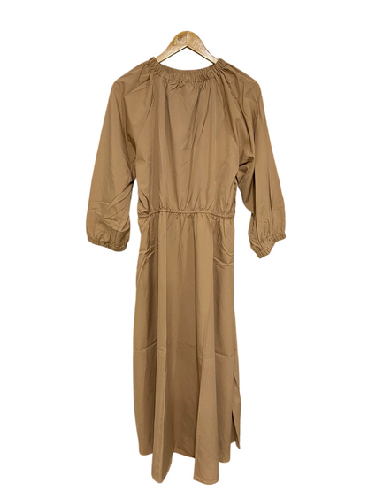 |XL| BUST 18| A30| CLASSIC CAMEL ELASTICATED ROUND-NECK LONG-SLEEVE MIDI DRESS