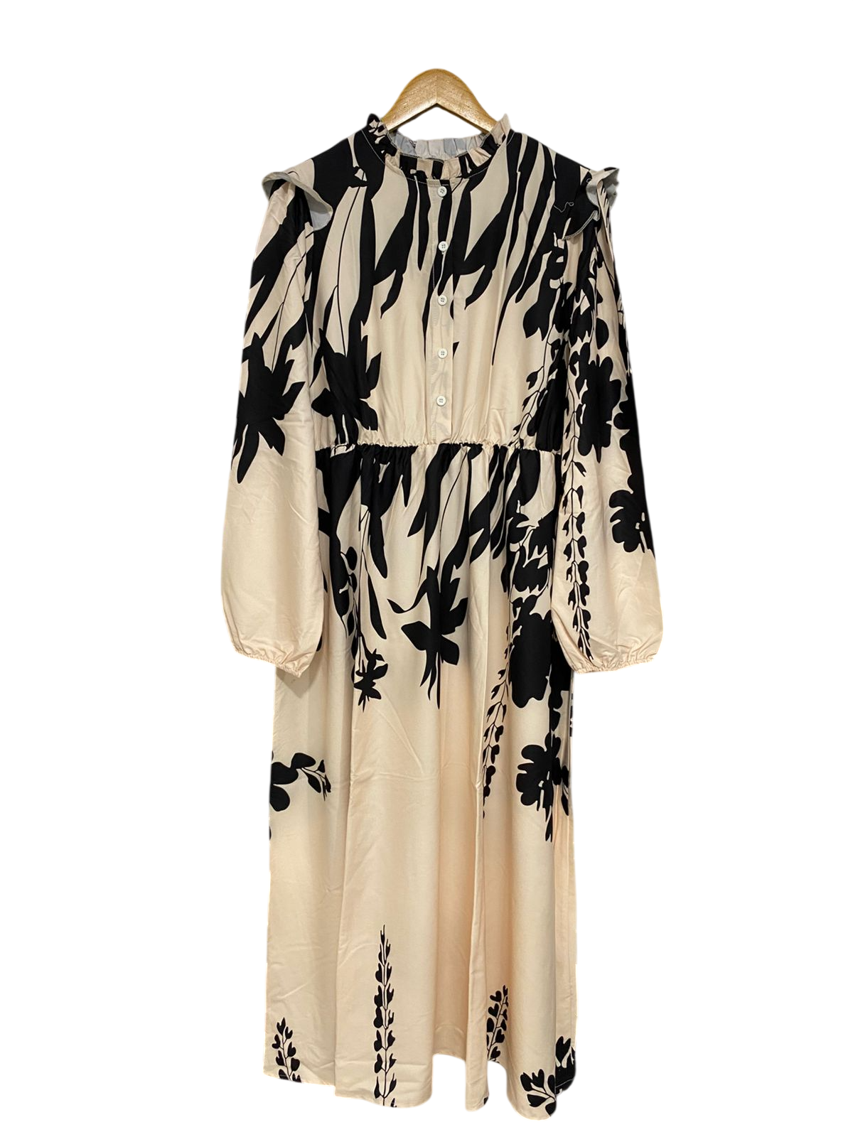 SHEIN |XL| BUST 21| A30| BEIGE & BLACK BOLD BOTANICAL PRINT RUFFLE-TRIM LONG-SLEEVE MAXI DRESS