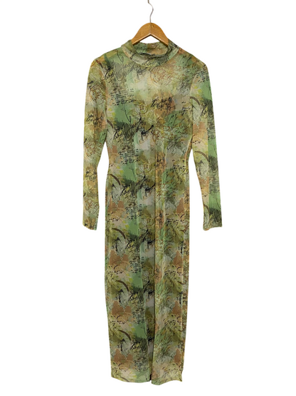 DEFACTO |L| BUST 16| A30| GREEN MESH SCRIPT & POSTMARK PRINT MOCK-NECK LONG-SLEEVE MIDI DRESS