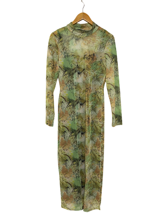 DEFACTO |L| BUST 16| A30| GREEN MESH SCRIPT & POSTMARK PRINT MOCK-NECK LONG-SLEEVE MIDI DRESS