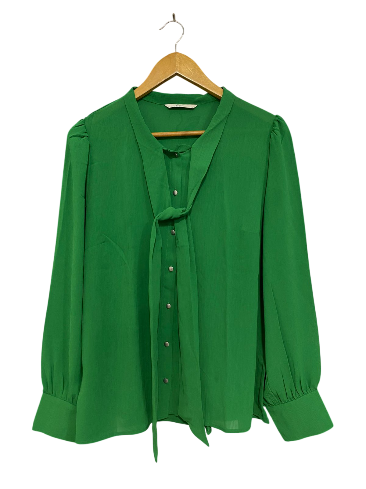 TU WOMAN |L| BUST 21| A30| EMERALD GREEN TIE-NECK LONG-SLEEVE BUTTON-DOWN BLOUSE