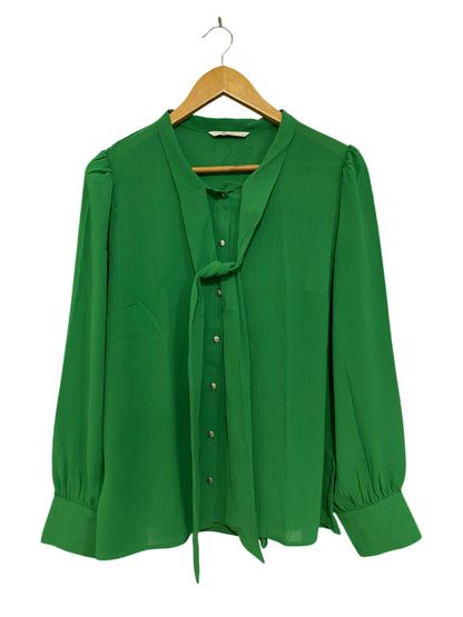 TU WOMAN |L| BUST 21| A30| EMERALD GREEN TIE-NECK LONG-SLEEVE BUTTON-DOWN BLOUSE