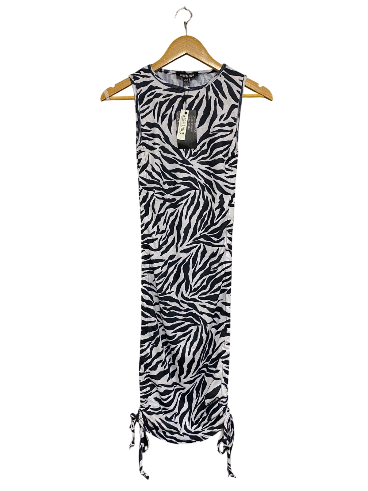 REBELLIOUS |S| BUST 12| A30| BLACK & WHITE ZEBRA PRINT SIDE-RUCHED MIDI DRESS