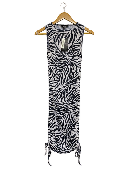 REBELLIOUS |S| BUST 12| A30| BLACK & WHITE ZEBRA PRINT SIDE-RUCHED MIDI DRESS