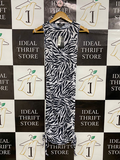 REBELLIOUS |S| BUST 12| A30| BLACK & WHITE ZEBRA PRINT SIDE-RUCHED MIDI DRESS