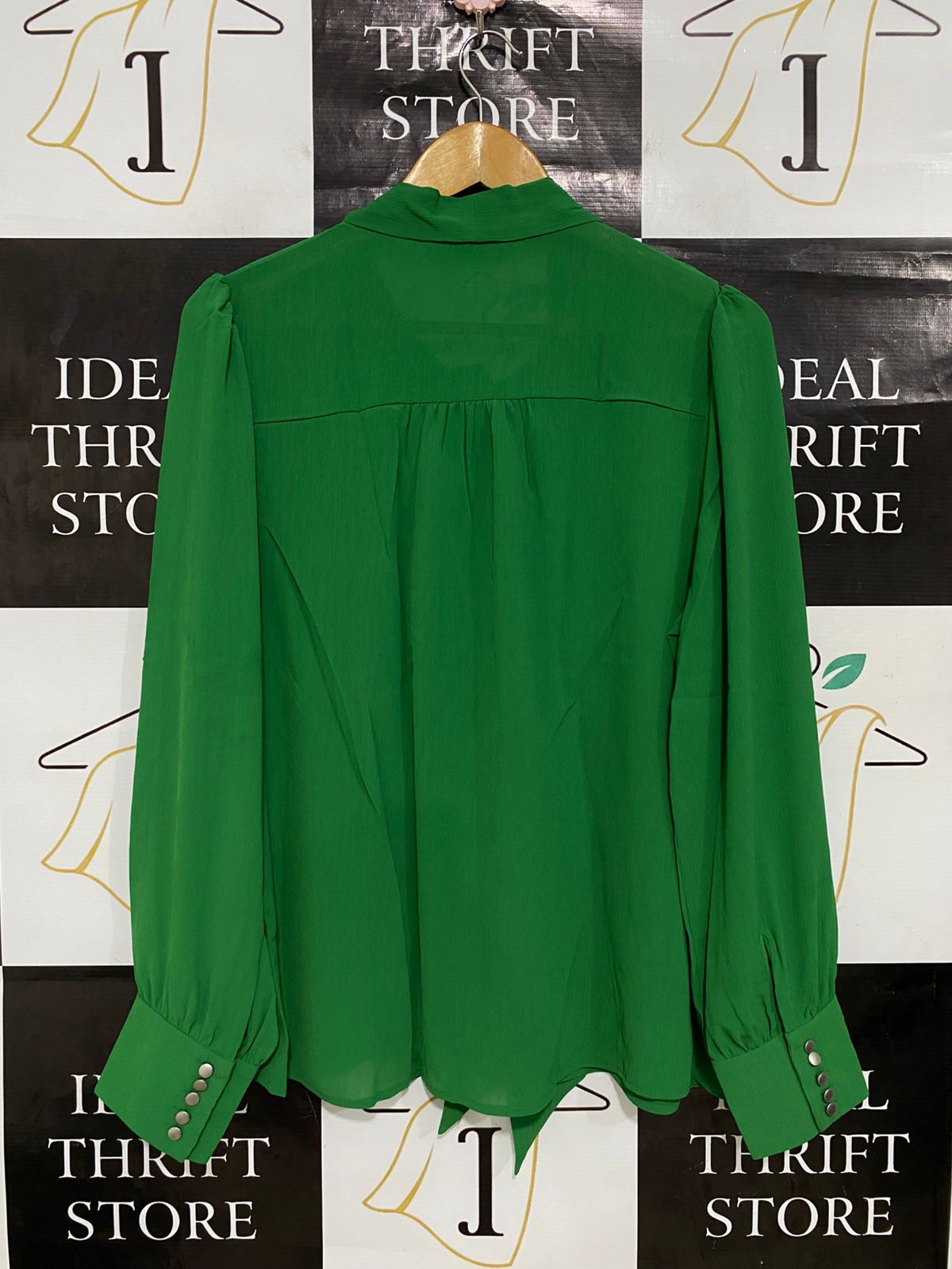 TU WOMAN |L| BUST 21| A30| EMERALD GREEN TIE-NECK LONG-SLEEVE BUTTON-DOWN BLOUSE