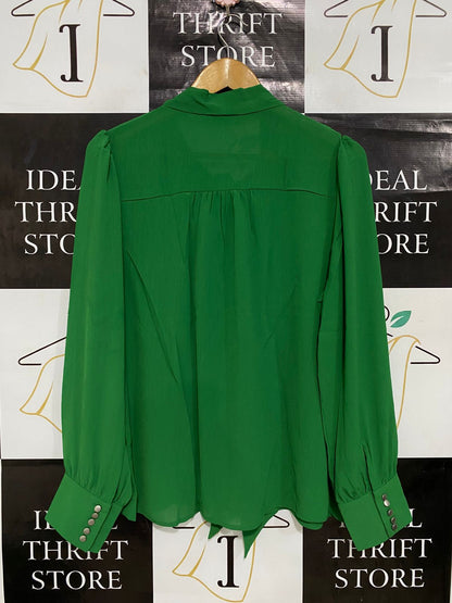 TU WOMAN |L| BUST 21| A30| EMERALD GREEN TIE-NECK LONG-SLEEVE BUTTON-DOWN BLOUSE