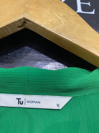 TU WOMAN |L| BUST 21| A30| EMERALD GREEN TIE-NECK LONG-SLEEVE BUTTON-DOWN BLOUSE