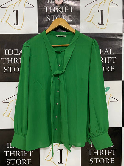 TU WOMAN |L| BUST 21| A30| EMERALD GREEN TIE-NECK LONG-SLEEVE BUTTON-DOWN BLOUSE