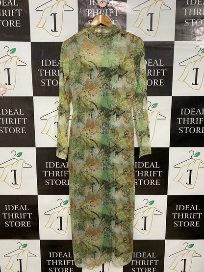 DEFACTO |L| BUST 16| A30| GREEN MESH SCRIPT & POSTMARK PRINT MOCK-NECK LONG-SLEEVE MIDI DRESS