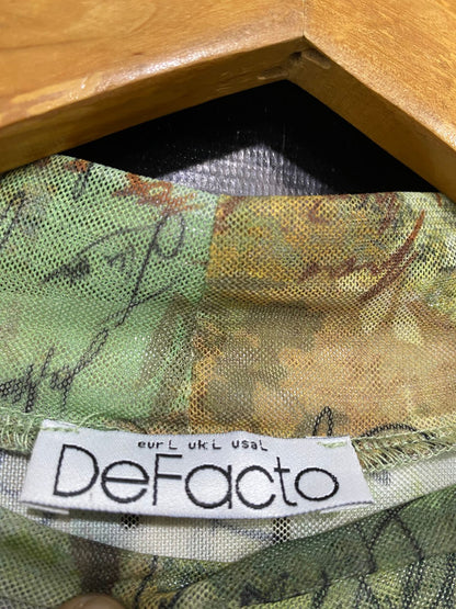 DEFACTO |L| BUST 16| A30| GREEN MESH SCRIPT & POSTMARK PRINT MOCK-NECK LONG-SLEEVE MIDI DRESS