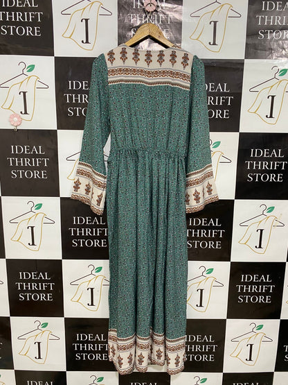 SHEIN |L| BUST 19| A30| GREEN & CREAM BOHEMIAN PRINT LONG-SLEEVE TIE-WAIST MAXI DRESS