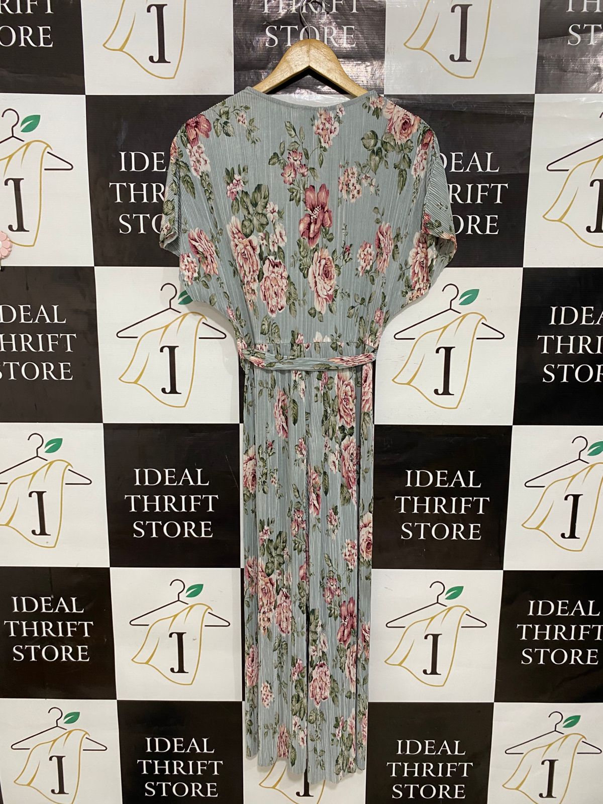 NEW LOOK |M| BUST FREE| A30| SAGE GREEN & PINK FLORAL PLEATED V-NECK MAXI DRESS